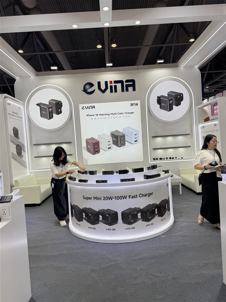 Vina booth display wall showing the iPhone 18 matching multi-color charger and Super Mini 20W-100W fast charger at booth 3F14, Hong Kong 2026